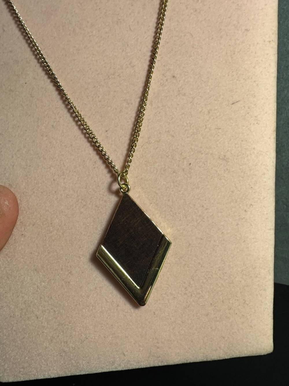 Diamond Shape Gold-Tone Wooden Pendant LONG SWEATER Necklace 15”